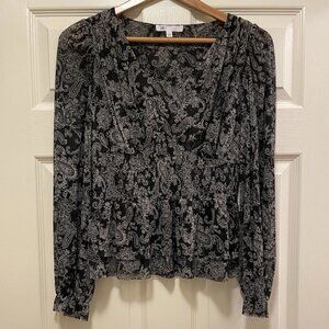 D2R Black and White Paisley Mesh Boho Peplum Balloon Sleeve Blouse Sz S NWOT